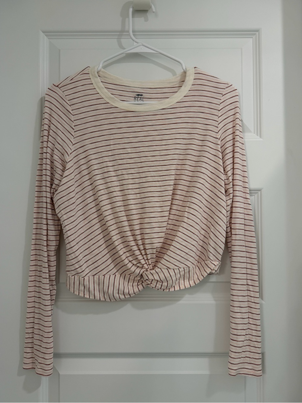 Aerie Real Soft Striped Pink Knot-Front Long Sleeve Top